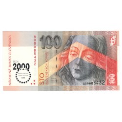100 Sk 1993 / 2000 A, bimilénium, Madona Majstra Pavla, posun orezu, Slovenská republika, UNC