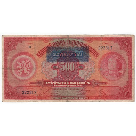 500 Ks / Kč - 1939 / 1929, séria G, pretlač SLOVENSKÝ ŠTÁT, Slovenský štát, VG