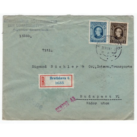 30. VII. 1942 - Gemeinsamer güterverkehr der Donauschiffahrten, cenzúra, doporučene, celistvosť, Slovenský štát