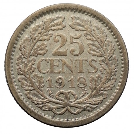 25 cents 1918, Wilhelmina I., striebro, Holandsko