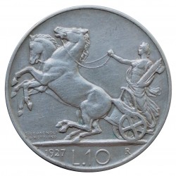 10 lire 1927 R, striebro, Vittorio Emanuele III, Taliansko