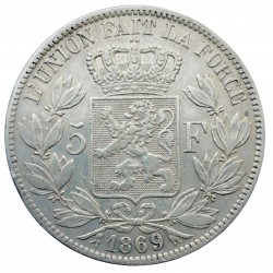 5 francs 1869, Leopold II, malá hlava, Ag, Belgicko