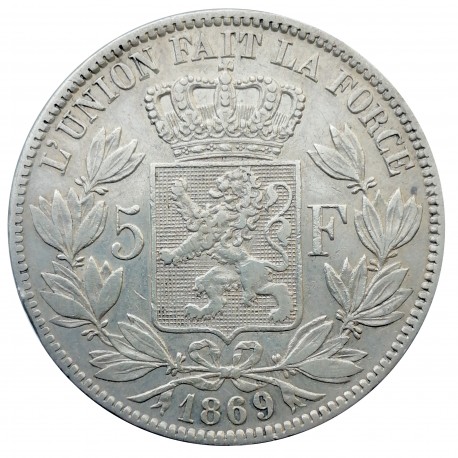 5 francs 1869, Leopold II, malá hlava, Ag, Belgicko