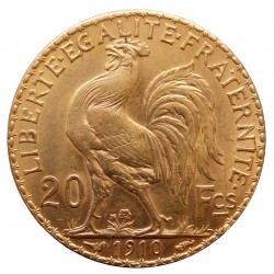 1910 - 20 francs, zlato, "Marianne", "galský kohút", Francúzsko