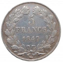 5 francs 1847 A, Louis Philippe I., striebro, Paríž, Francúzsko
