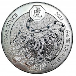 50 RWF 2022, LUNAR OUNCE, 1 OZ. fine silver 999, investičná minca, Tiger, striebro, Rwanda