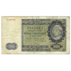 500 zlotych, 1940 R, séria B, Bank Emisyjny w Polsce, Poľsko , VG