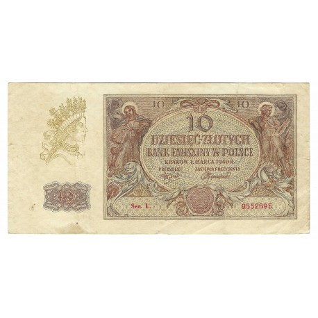 10 zlotych, 1940 R, séria L, Bank Emisyjny w Polsce, Poľsko , VG