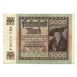 5 000 mark, Reichsbanknote, 1922, séria P - HA, Nemecko, VG
