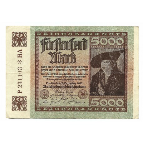 5 000 mark, Reichsbanknote, 1922, séria P - HA, Nemecko, VG