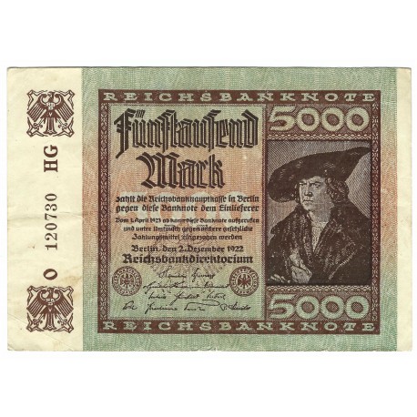 5 000 mark, Reichsbanknote, 1922, séria O - HG, Nemecko, VG
