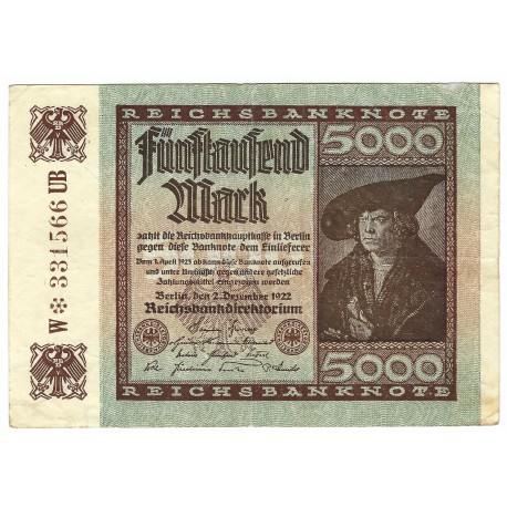 5 000 mark, Reichsbanknote, 1922, séria W - UB, Nemecko, VG