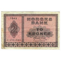 2 Krone, 1943, Norges bank, séria C, Nórsko, VG