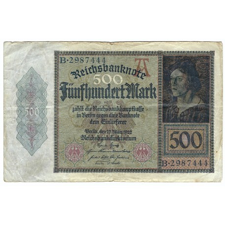 500 mark, Reichsbanknote, 1922, séria B, Nemecko, VG