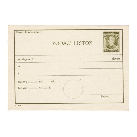 1939 CPL 2c - podací lístok na telegram, Andrej Hlinka, Slovenský štát