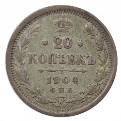 20 kopeks 1904 CПБ AP, St. Petersburg, Nicholas II., Ag 500/1000, 3,60 g, Russia