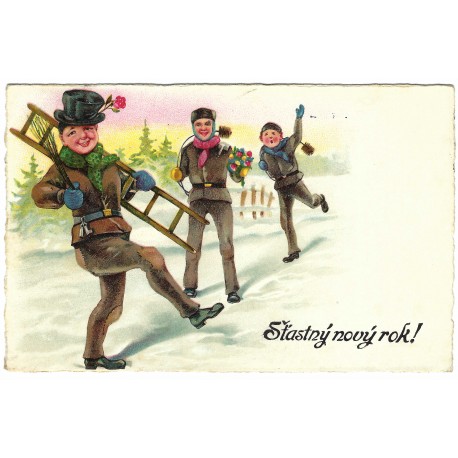 1930 - Šťastný Nový rok, rotoražec, maľovaná pohľadnica, Československo