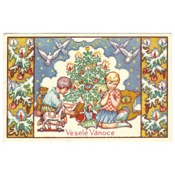 1938 - Vianočný pozdrav, maľovaná pohľadnica, Československo