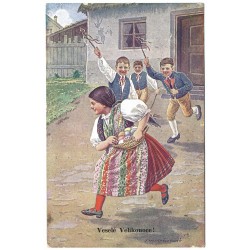 1934 - Veselé Velikonoce!, maľovaná pohľadnica, Československo
