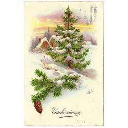 1931 - Veselé vánoce, rotoražec, maľovaná pohľadnica, Československo