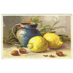 1923 - Zátišie s citrónmi, vlaková pošta, maľovaná pohľadnica, Československo
