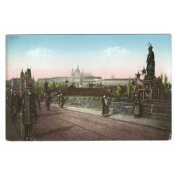 Praha, Čast Karlového mostu a Hradčany, maľovaná pohľadnica, krátka adresa