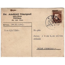 24. XI. 1943 Mýtna, Dr. Andrej Margoč advokát, firemný lístok, celistvosť, Slovenský štát