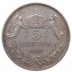 5 K 1907 K.B., Ag 900/1000, 24,00 g, František Jozef I. 1848 - 1916