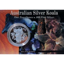 1999 - 1 OZ, Ag 999/1000, Australian Silver Koala, zberateľská karta, PROOF, medaila