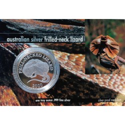 2000 - 1 OZ, Ag 999/1000, australian silver frilled-neck lizard, 2000 kusov, zberateľská karta, PROOF, medaila