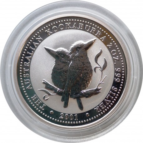 2001 - 2 dollars, 2 OZ, Ag 999/1000, Kookaburra, Perth Mint, PROOF, Austrália