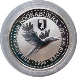 1996 - 1 dollar, 1 OZ, Ag 999/1000, Kookaburra, Privy Mark Basler Stab, Pehr Mint, PROOF, Austrália