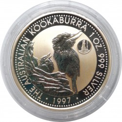 1997 - 1 dollar, 1 OZ, Ag 999/1000, Kookaburra, Privy Mark Portugal, Pehr Mint, PROOF, Austrália