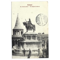 1914 - Budapešť, Socha sv. Štefana, čiernobiela pohľadnica, Rakúsko Uhorsko