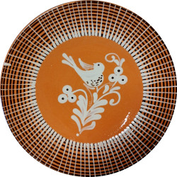 Tmavší závesný tanier s bielym vtáčikom, Šivetická keramika