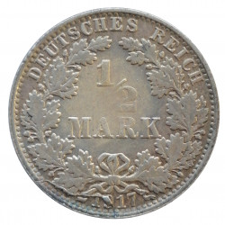 1/2 mark 1917 A, Ag 900/1000, chyborazba - prasknuté razidlo, Deutsches Reich