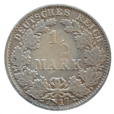 1/2 mark 1917 A, Ag 900/1000, chyborazba - prasknuté razidlo, Deutsches Reich