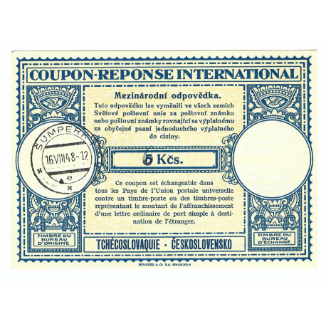 1948 CMO 9a - mezinárodní odpovědka, provizórium ručný prepis ceny 5 Kčs na 6 Kčs, 16.VIII.1948, ČSR