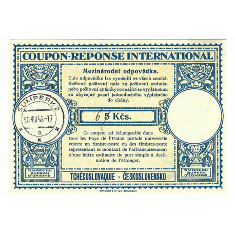 1948 CMO 9a - mezinárodní odpovědka, provizórium ručný prepis ceny 5 Kčs na 6 Kčs, 30.VIII.1948, ČSR