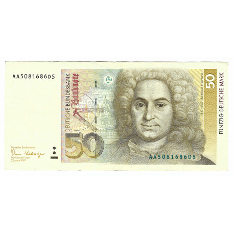 50 Deutsche Mark 1989, AA5081686D5, B. Neumann, podpis Pöhl - Schlesinger, Nemecko, VG