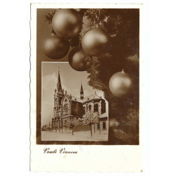 Veselé Vianoce, kostol a stromček, hnedobiela viacokienková fotopohľadnica, Slovenský štát