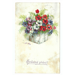 1943 - Srdečné přání!, kvety, maľovaná pohľadnica, Slovenský štát