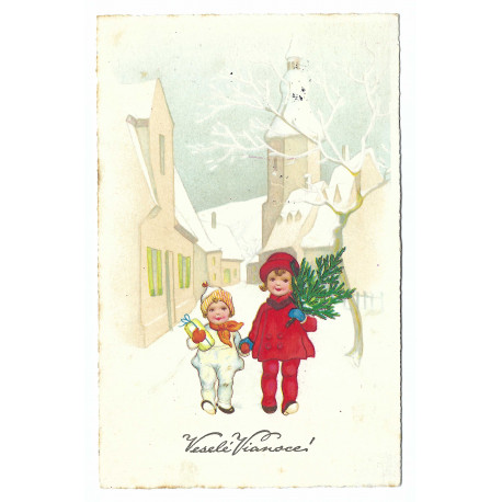 1943 - Veselé Vianoce, detičky na prechádzke, maľovaná pohľadnica, Slovenský štát