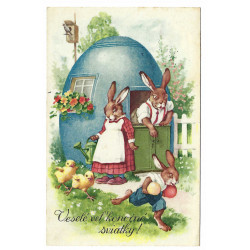 1941 - Veselé veľkonočné sviatky !, Zajačiky, maľovaná pohľadnica, Slovenský štát