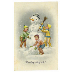 Šťastlivý Nový rok, deti so snehuliakom, maľovaná pohľadnica, Slovenský štát