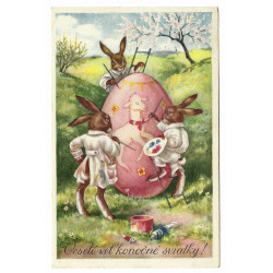 1944 - Veselé veľkonočné sviatky, zajačiky, maľovaná pohľadnica, Slovenský štát