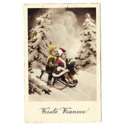 1941 - Veselé Vianoce, detičky na sánkach, kolorovaná pohľadnica, Slovenský štát