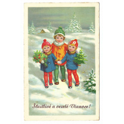 Šťastlivé a veselé Vianoce, detičky, maľovaná pohľadnica, Slovenský štát