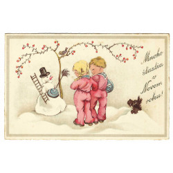 Mnoho šťastia v Novom roku, detičky, maľovaná pohľadnica, Slovenský štát