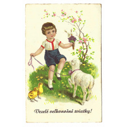 1942 - Veselé veľkonočné sviatky, chlapček s barančekom, maľovaná pohľadnica, Slovenský štát